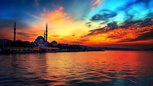 Sunset blazes over mosque skyline and shimmering harbor waters.