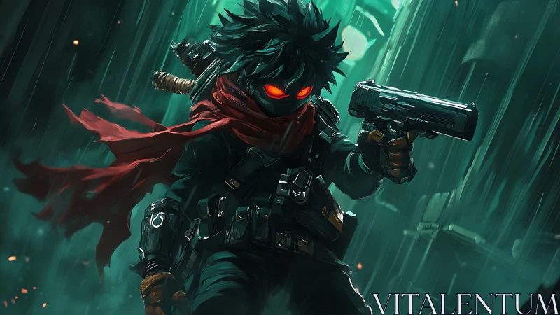 Cyberpunk vigilante gunslinger in neon rain corridor composition.