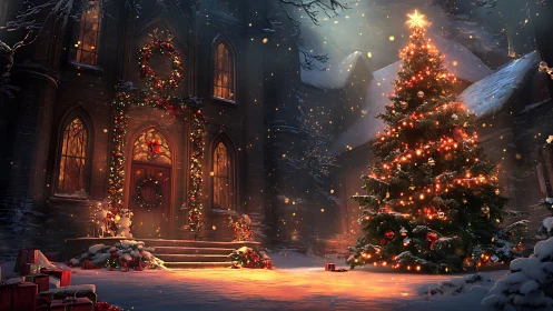 Digital painting of illuminated Christmas tree courtyard scene.