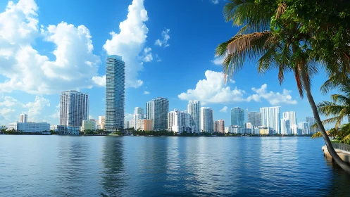 Coastal high-rise skyline with waterfront and palm trees.