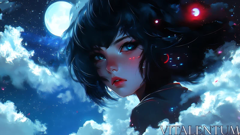 Blue eyed anime girl framed by glowing night sky clouds.