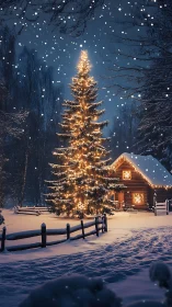 Snow-kissed forest cabin and starbright Christmas tree glow.