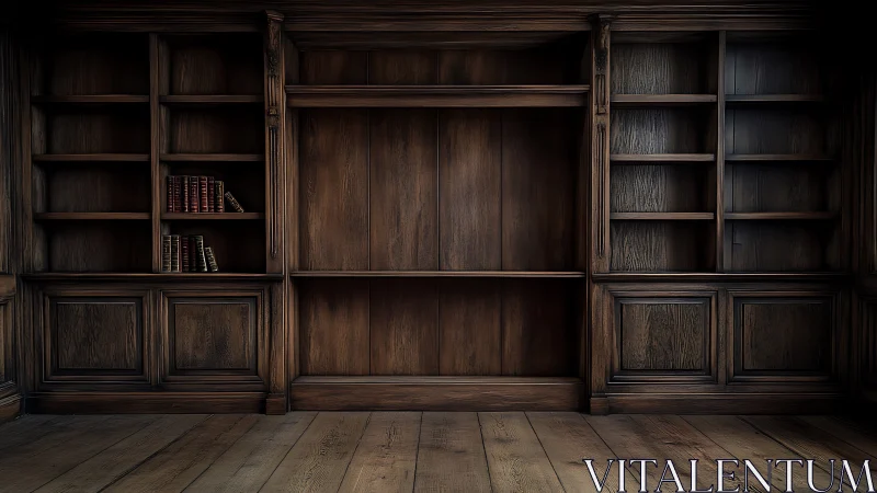 Dark wood library shelves with sparse vintage books.