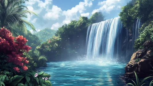 Sunlit tropical waterfall rendered in high-detail digital painting