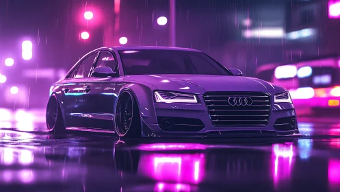 Neon-soaked Audi sedan in low-angle cyberpunk nightscape.