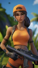 Female game-style soldier stands alert holding compact rifle