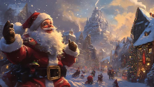 Snow-dusted Santa laughing through a glowing storybook street.