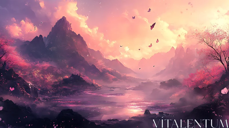 Pink mountains surround reflective river under glowing sunset