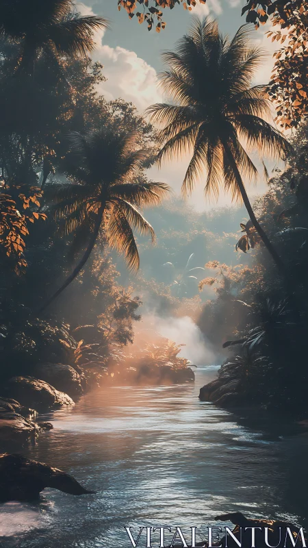 Volumetric dawn light across tropical riverine canopy corridor.