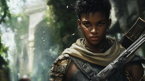 Jungle warrior watches ruined archway with poised resolve.