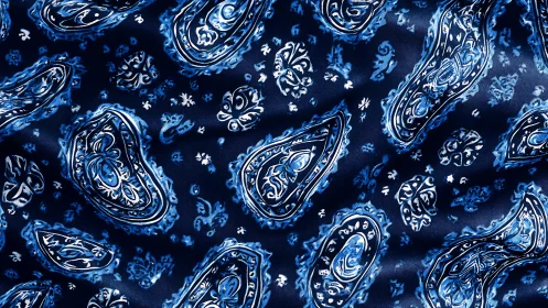 Blue paisley textile pattern with repeated teardrop motifs.