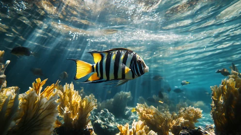 Striped reef fish in shallow sunlit kelp forest underwater scene