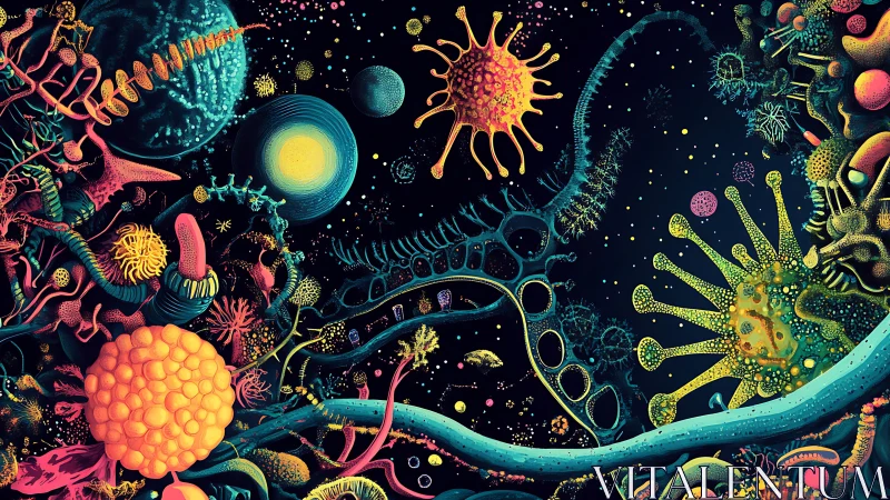 Colorful microscopic universe of cells and strange organisms.