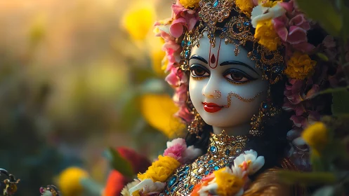 Floral-crowned deity sculpture glowing in amber garden light.