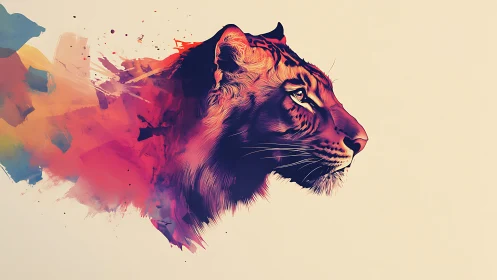 Tiger profile dissolving into vivid abstract color wash.