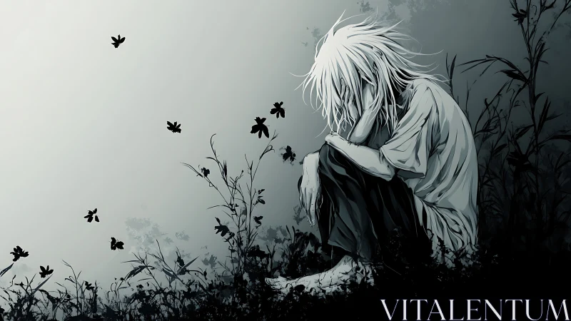 Solitary anime figure curls in monochrome grass at dusk.