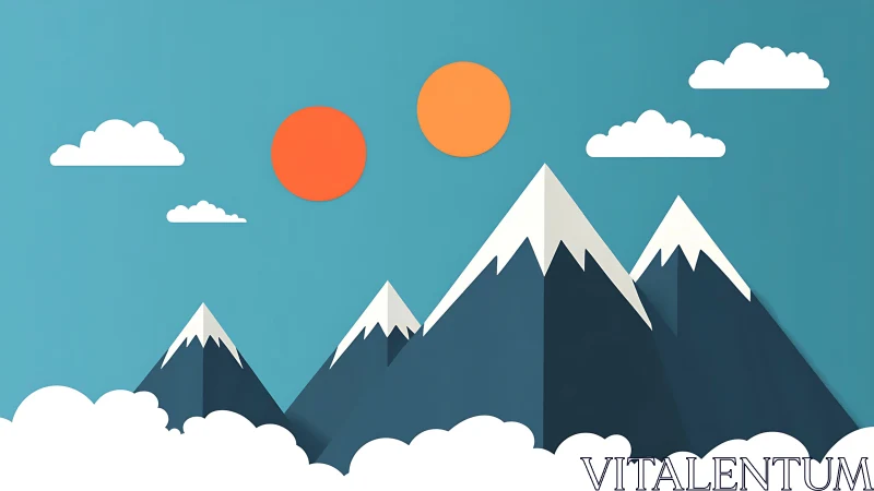 Minimalist mountain range with twin suns and clouds.
