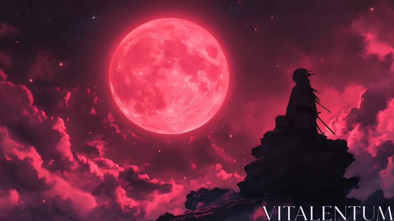 Silhouetted figure observes large red moon in dense clouds