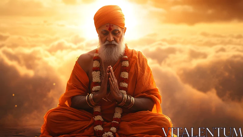 Serene orange-robed monk meditates above glowing clouds.