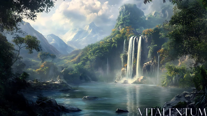Misty mountain waterfall over tranquil forest lagoon.