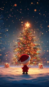 Child in red gazes up at glowing Christmas tree of lights.