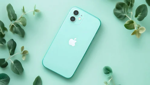 Light blue iPhone positioned centrally surrounded by green botanical specimens.