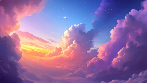 Digital sky illustration with colorful sunset cloudscape.