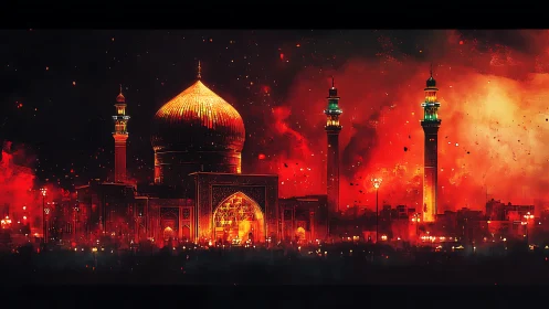Illuminated Islamic Architecture Engulfed in Dramatic Fiery Atmospheric Effects