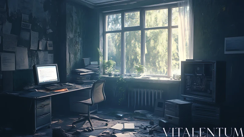 Sunlit abandoned office with dusty workstation and cluttered floor.