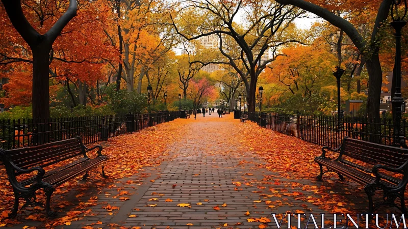 Tree lined park path covered with orange autumn leaves
