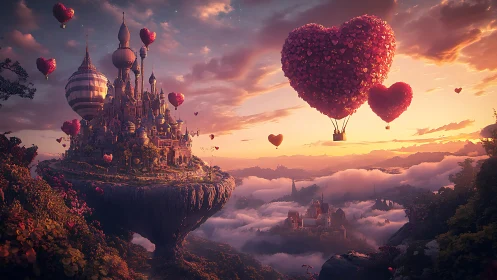 Digital render depicts fantasy castle on cliff with heart-shaped hot air balloons