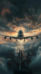 Concept art of jet landing on luminous runway at dusk sky.