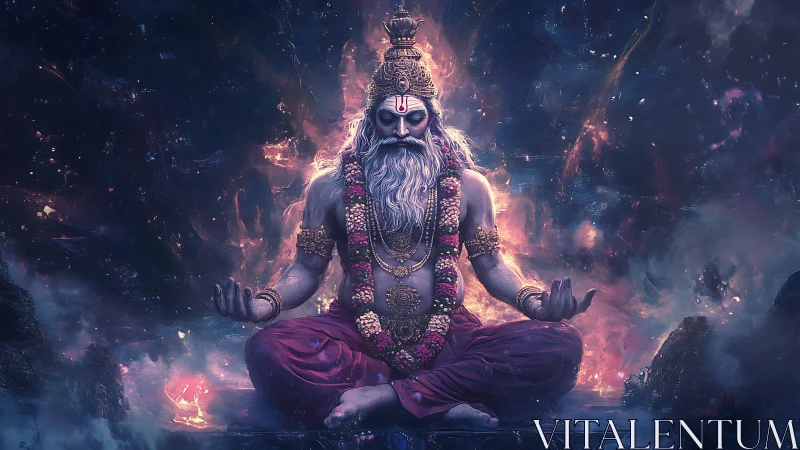 Meditating bearded deity in cosmic glowing environment.