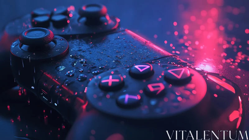 Wet game controller lies under blue and pink neon lighting