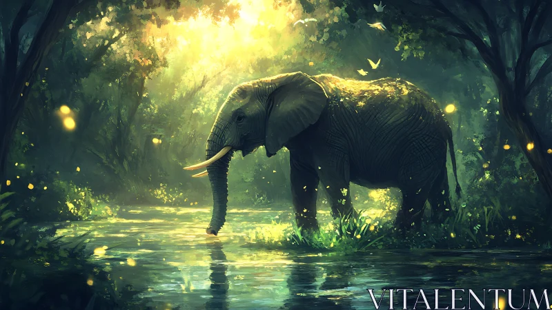 Luminous forest river with solitary elephant in dappled light