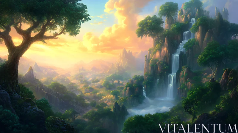 Sunlit fantasy valley with cascading emerald waterfalls.