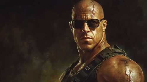 Battle-scarred tactical operative under hard cinematic rim lighting