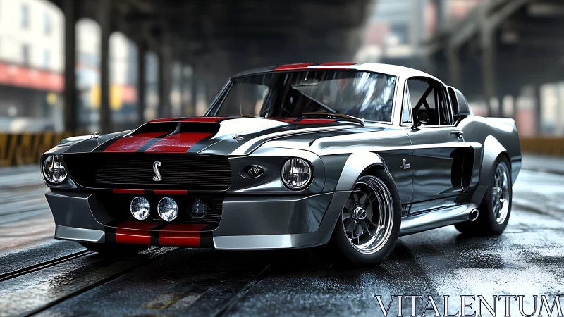 Rendered classic fastback car stands on wet urban street