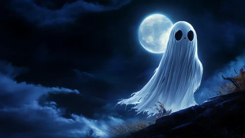 Ghost-like figure floats before full moon in night sky