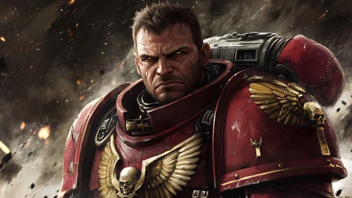 Battle-hardened space warrior in crimson power armor.