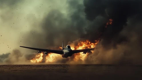 Warplane silhouette cuts through incendiary smoke plume