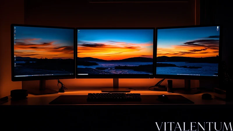 Triple-screen sunset desk where tech meets quiet night.