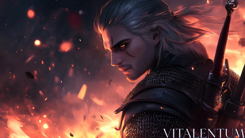 Silver-haired monster hunter strides through rising embers.