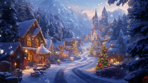 Snowy Christmas village street with glowing cottages.