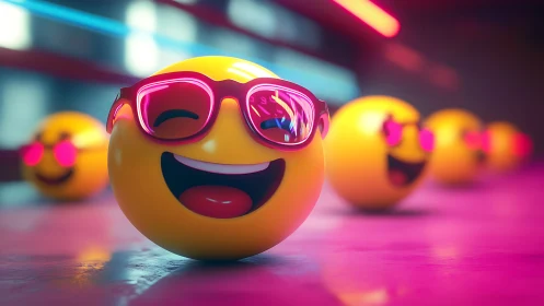 Smiling emoji spheres with sunglasses in neon studio scene.