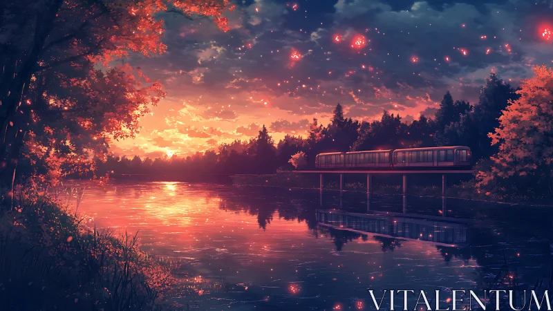 Sunset-lit monorail crossing reflective river under ember-like sky