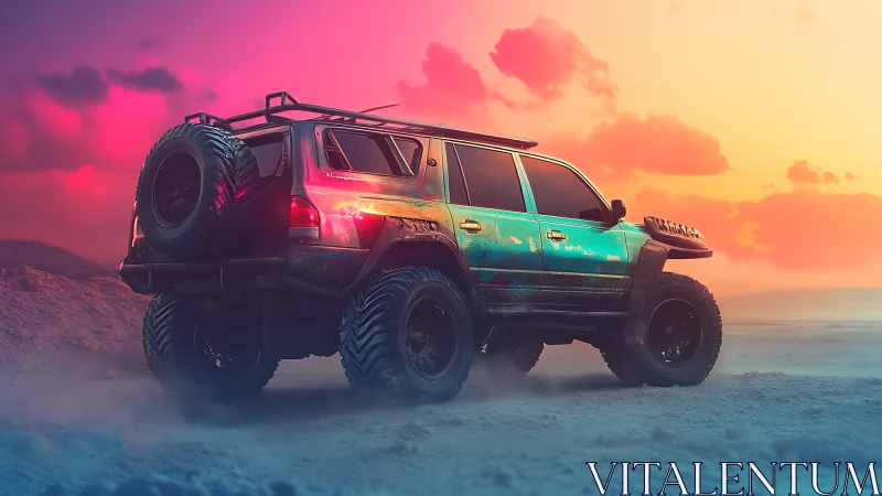Lifted off-road SUV stands in neon sunset desert haze