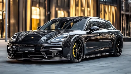 Black performance sedan is parked in modern urban plaza
