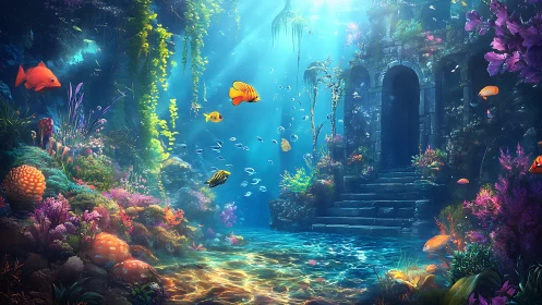 Sunlit coral ruins cradle a tranquil, enchanted seascape