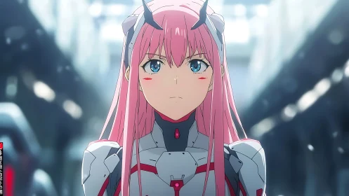 Pink haired mecha pilot stands focused in futuristic hangar